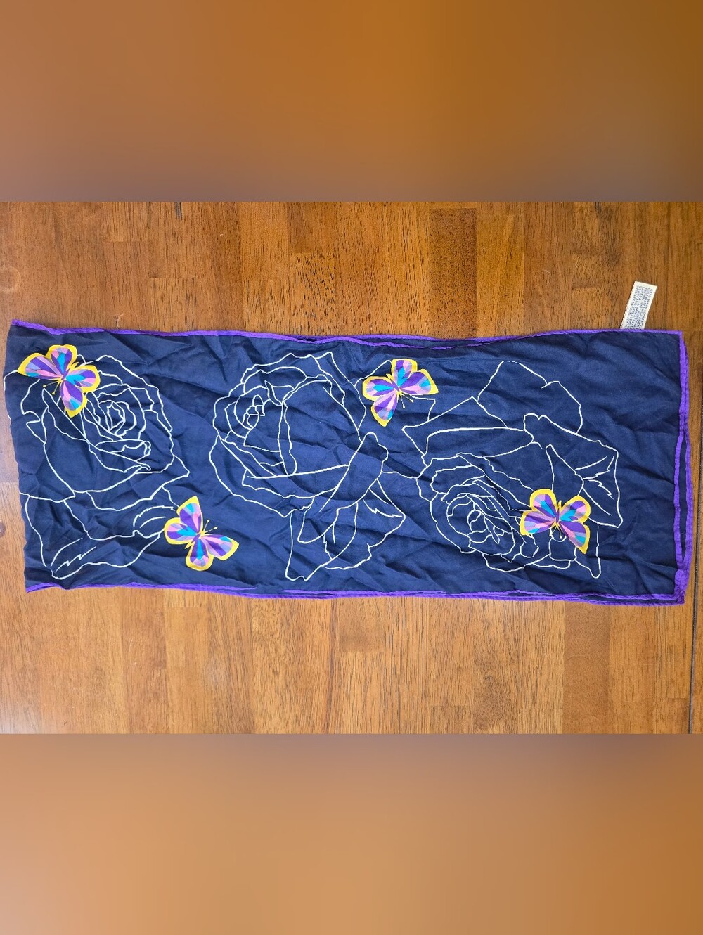 Vintage 100% Silk Sacha for Sasha Scarves Scarf Navy Blue Floral Butterfly Korea